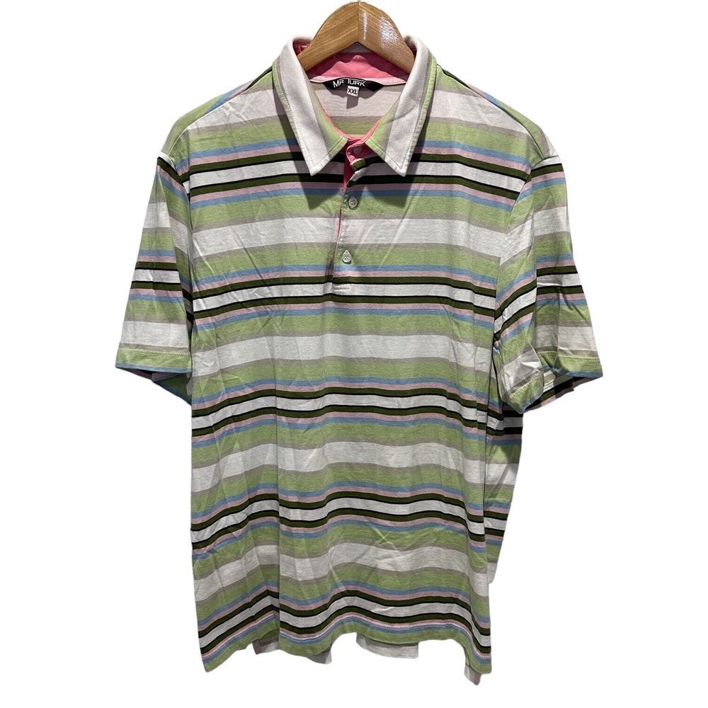 Mr. Turk Mens Sz 2XL Polo Shirt Green & White Striped Cotton/Viscose Stretch
